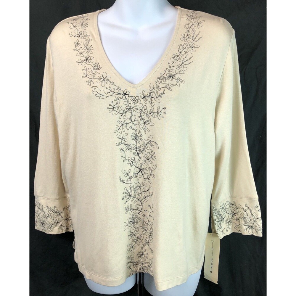Nwt Melrose Studio Rayon Jersey Top L Beige V-neck Embroidered 3/4 Sleeves Boho